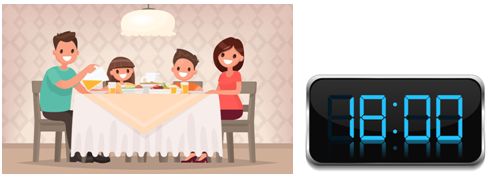 Ilustracijom se prikazuje četveročlana obitelj koja sjedi za blagovaonskim stolom i jede te digitalni sat koji pokazuje da je 18.00 sati.
