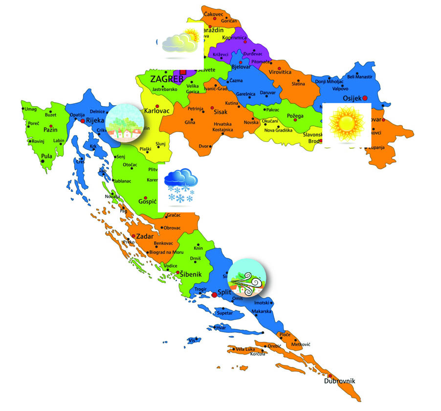 Ilustracijom je prikazana karta Hrvatske koja je upotpunjena ilustracijama vremenske prognoze po gradovima (Zagreb, Osijek, Rijeka, Gospić, Split).