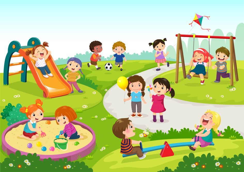 Na ilustraciji su prikazana djeca koja se igraju u parku.