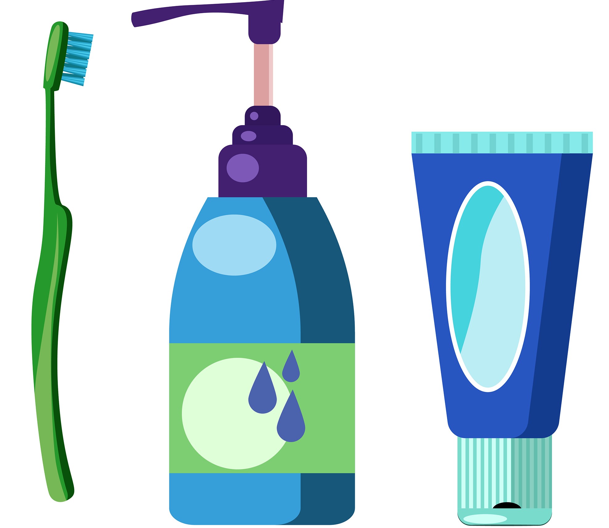 Ilustracija prikazuje četkicu za zube, sapun te pastu za zube.