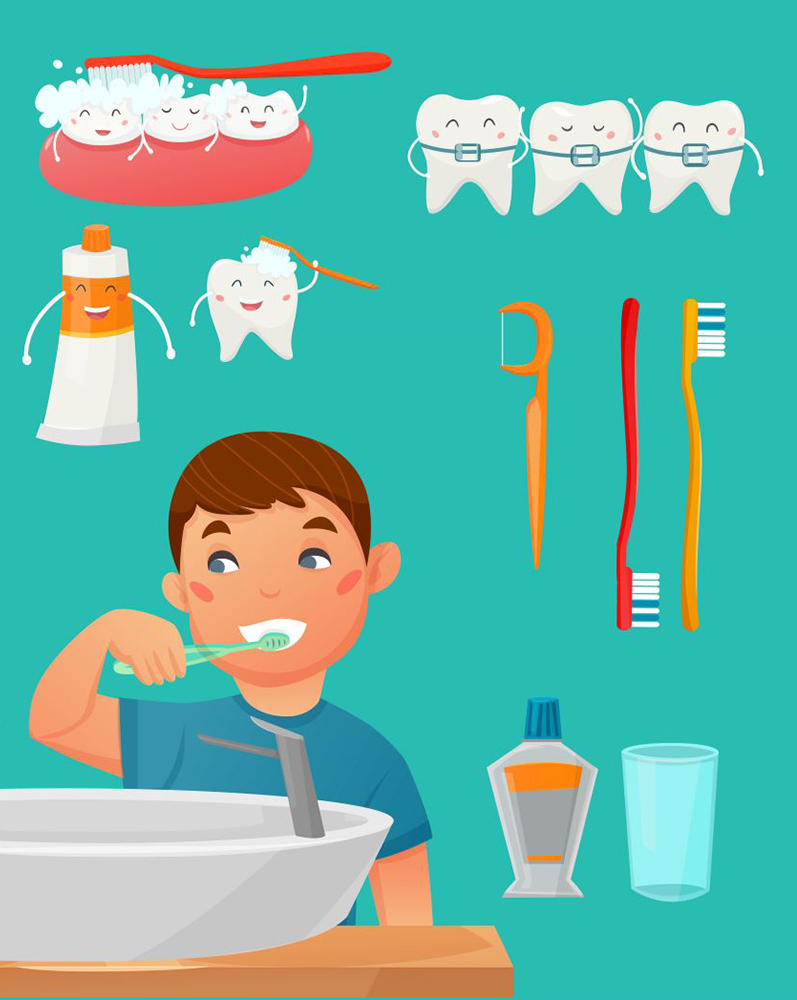 Ilustracija prikazuje dječaka kako pere zube.