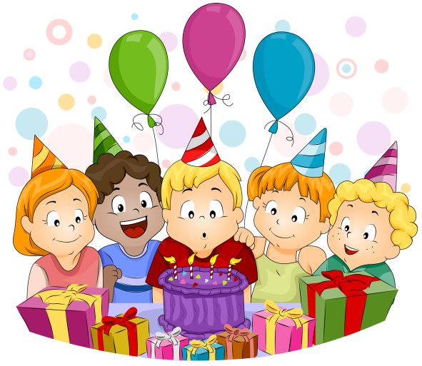 Ilustracijom su prikazana djeca okupljena oko torbe, s rođendanskim šeširima na glavi, balonima i darovima.