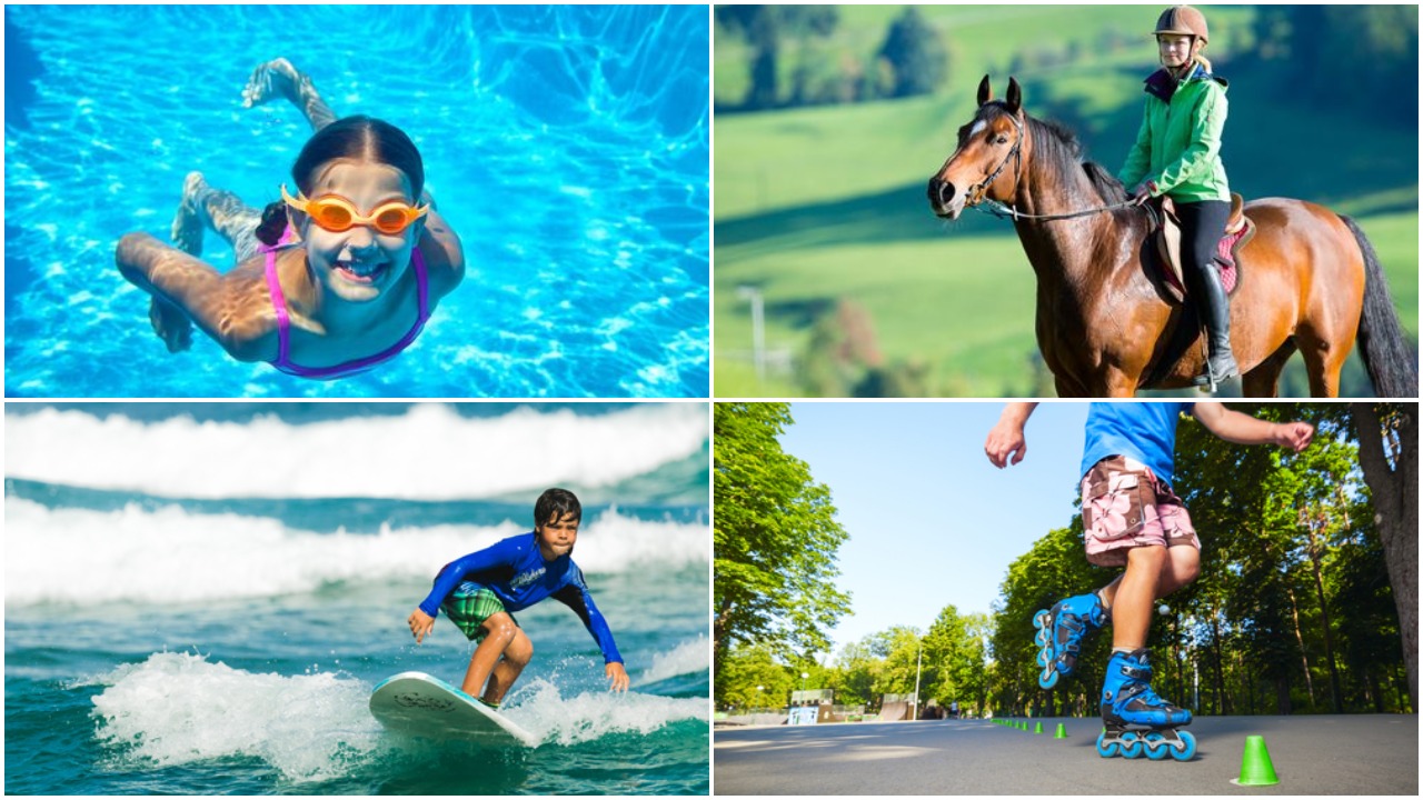 Fotografija prikazuje četiri aktivnosti: djevojčicu koja roni, ženu koja jaše, dječaka koji surfa i dječaka koji se rola.