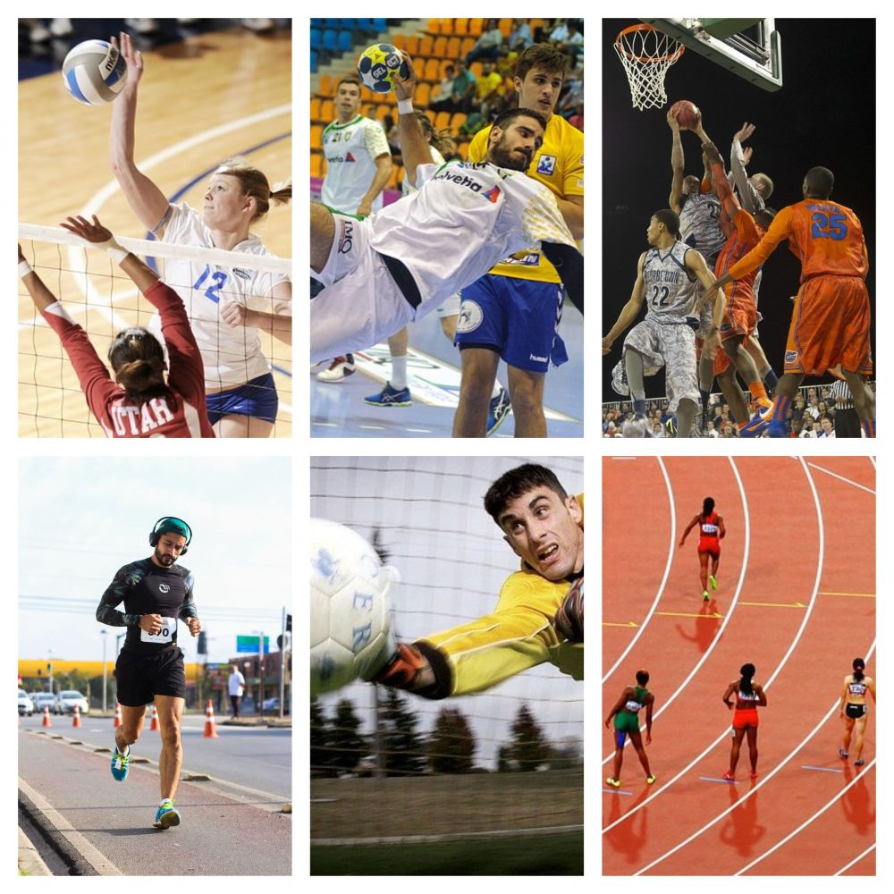 Slikom su prikazane vrste sportova: odbojka, rukomet, košarka, trčanje i nogomet.
