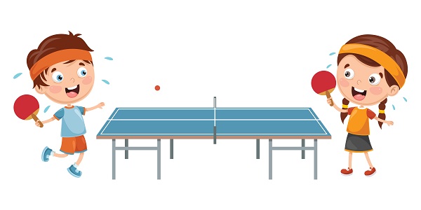 Ilustracija prikazuje dječaka i djevojčicu koji igraju stolni tenis.
