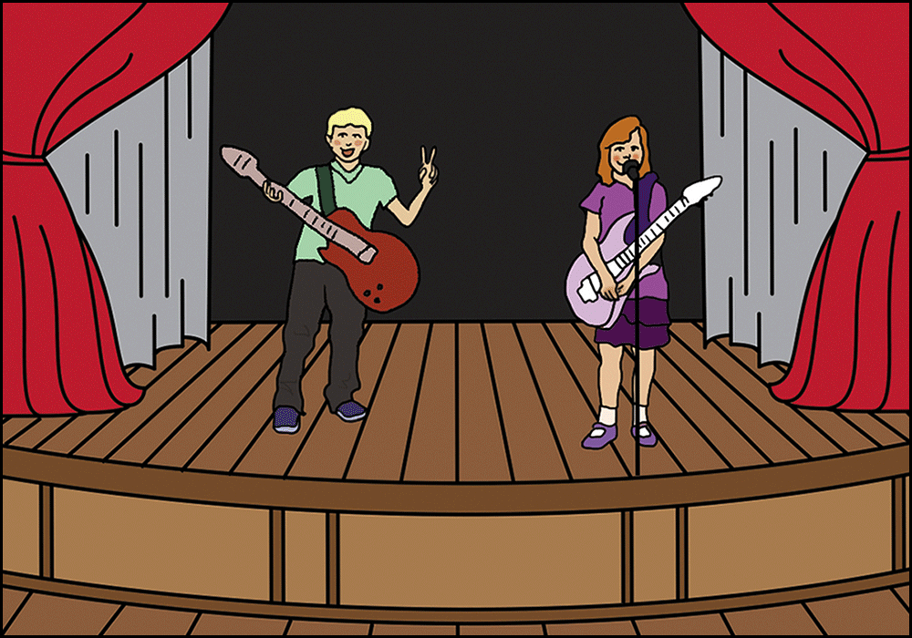 Ilustracija prikazuje dječaka i djevojčicu koji sviraju gitare u školskom bendu.