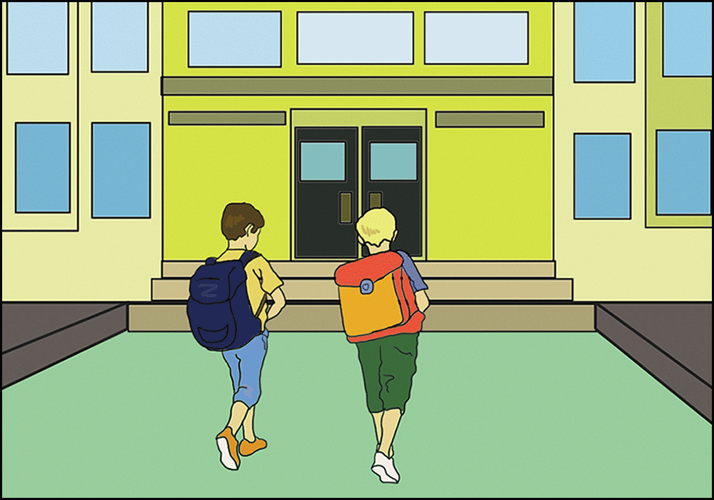 Ilustracija prikazuje dvojicu dječaka kako koračaju prema školi.