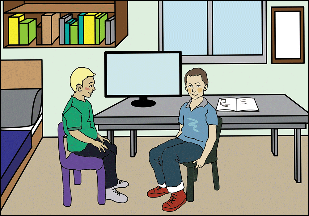 Ilustracija prikazuje dvojicu dječaka koji sjede za stolom i pišu domaću zadaću.