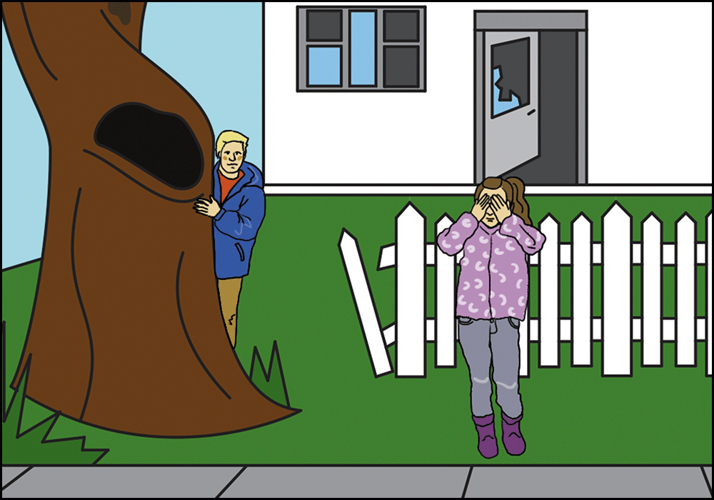 Ilustracija prikazuje dječaka i djevojčicu koji igraju skrivača.