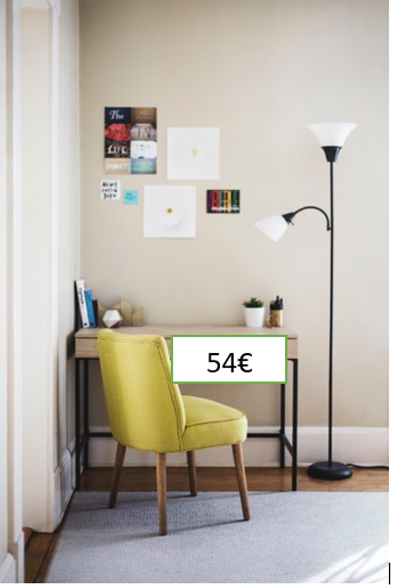 Slikom je prikazana radna soba u kojoj je nekoliko slika, samostojeća svjetiljka, radni stol i žuti stolac. Istaknuta cijena je 54 eura.