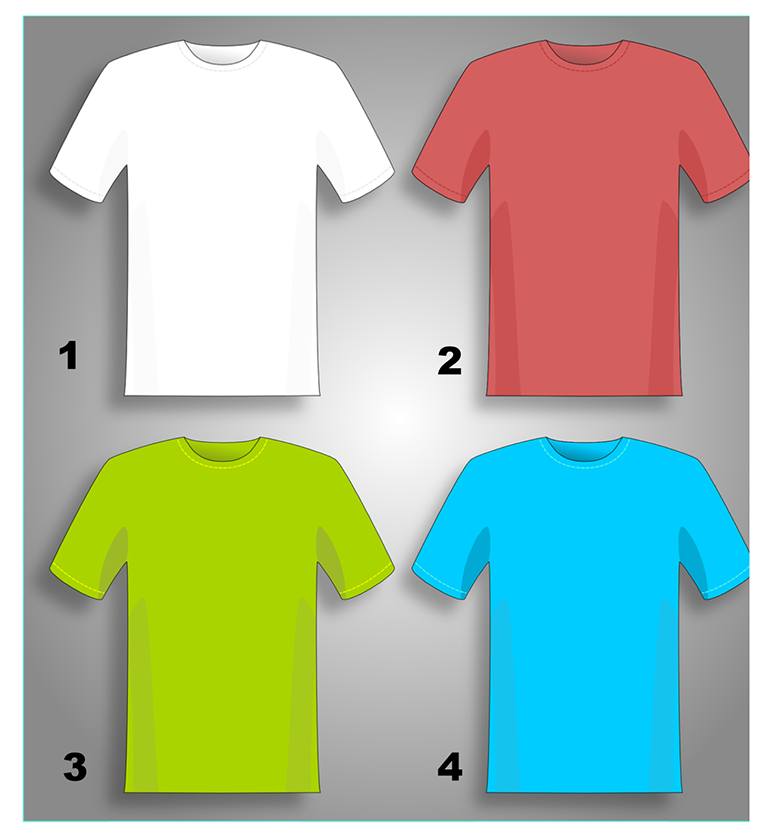Ilustracijom su prikazane četiri majice kratkih rukava. Prva je bijela, druga crvena, treća zelena i četvrta plava.