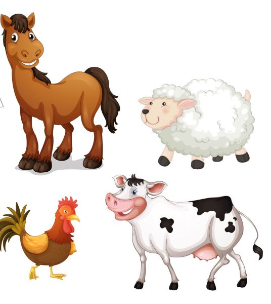 Ilustracija prikazuje ovcu, konja, kravu i kokoš.