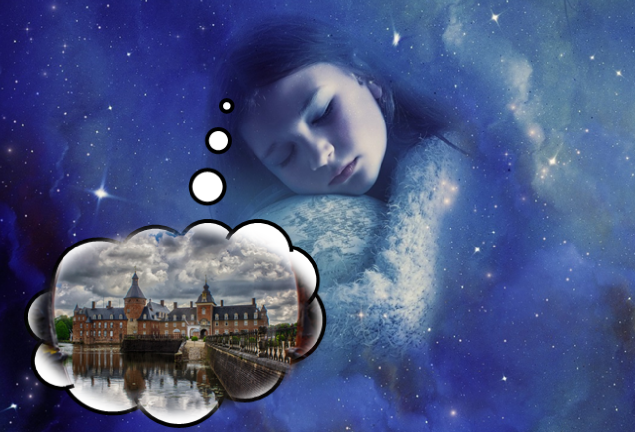 Slikom je prikazana djevojčica koja u noćnom zvjezdanom nebu spava i sanja o svojem dvorcu snova.
