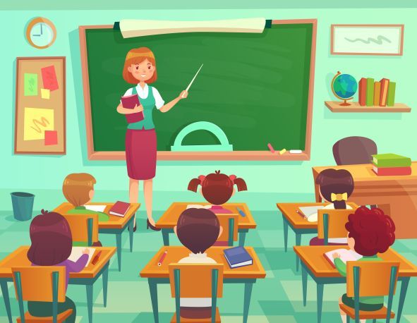 Ilustracijom je prikazana učionica u kojoj sjede učenici i učiteljica koja stoji ispred ploče.