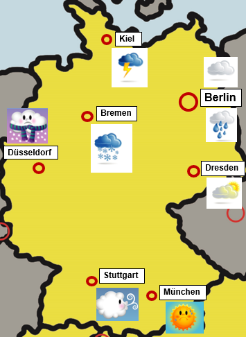 Ilustracijom karte Njemačke prikazana je vremenska prognoza po gradovima. Gradovi su istaknuti kao i popratna sličica vremenske prognoze.