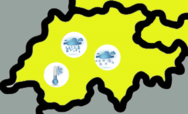 Ilustracija prikazuje kartu Švicarske na kojoj je dodatnim ilustracijama prikazana vremenska prognoza: kiša, snijeg i plavi termometar sa snježnom pahuljicom.