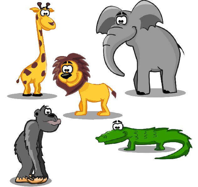 Na ilustraciji su prikazani slon, lav, žirafa, krokodil i majmun.