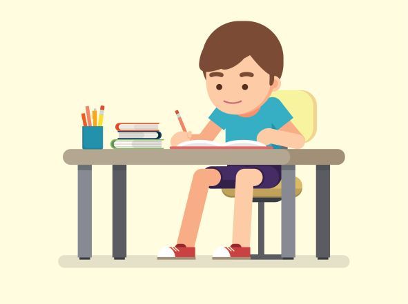 Ilustracijom je prikazan dječak koji sjedi za radnim stolom i piše domaću zadaću.
