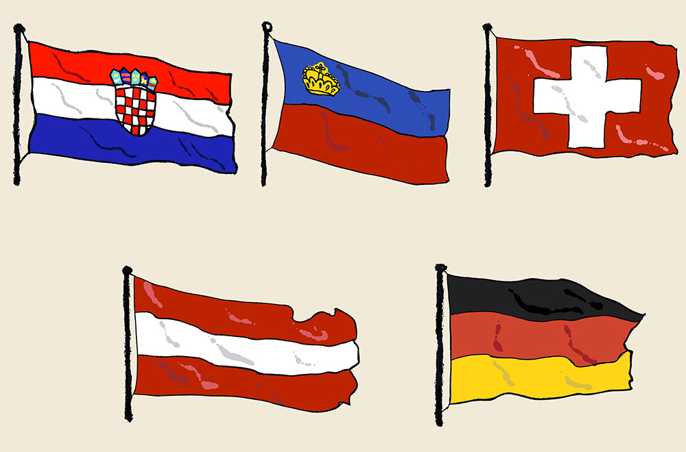 Slika prikazuje zastave sljedećih zemalja: Hrvatske, Lihtenštajna, Švicarske, Austrije, Njemačke.