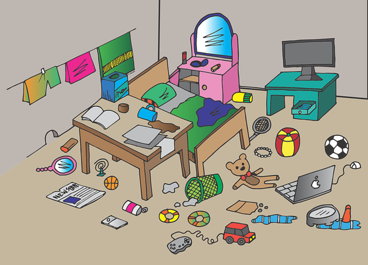 Ilustracijom je prikazana dječja soba u kojoj su sve stvari razbacane po podu i krevetu.