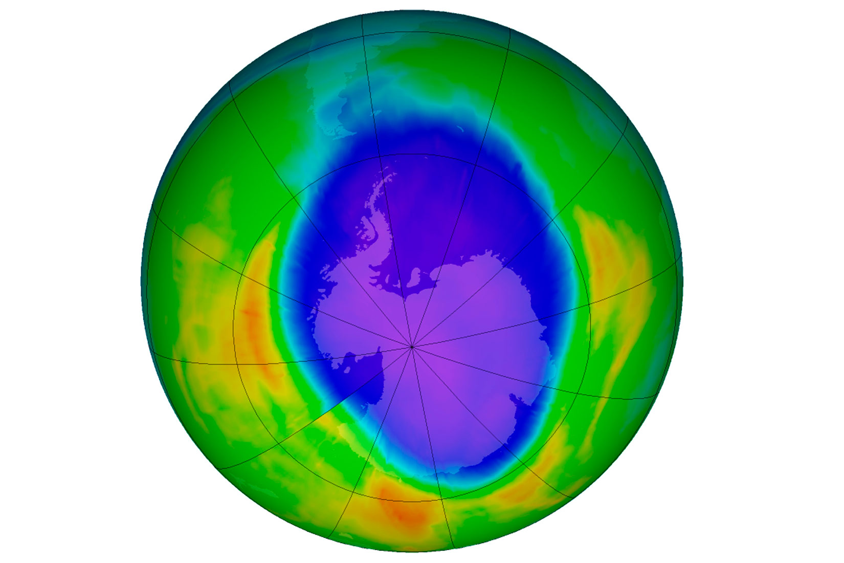 Na slici je prikazana Zemlja s ozonskim omotačem. Ozonski omotač je obojen zeleno, a na sredini se nalazi velika ljubičasta mrlja koja predstavlja ozonsku rupu. iznad Antarktika.