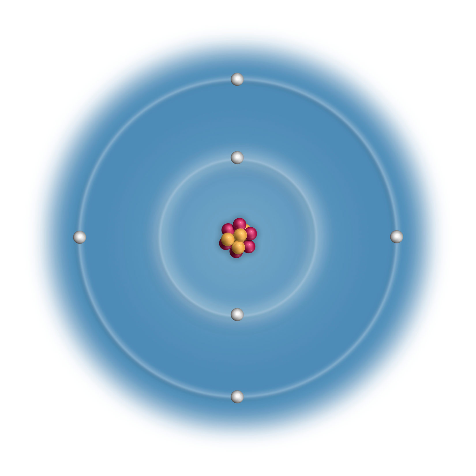 Na slici je prikazan model atoma ugljika u plavoj boji u obliku dva koncentrična kruga . U sredini je jezgra sa 4 protona i 4 neutrona koji su prikazani kao spojene crvene i narančaste kuglice. U prvom manjem elektronskom omotaču ( krugu) prikazane su dvije bijele kuglice koje prestavljaju elektrone. U drugom elketronskom omtaču (veći krug) prikazana su četiri bijele kuglice (elektrona).
