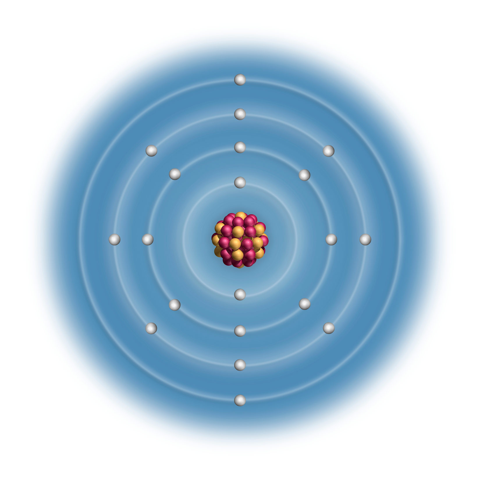 Na slici je prikazan model atoma kalcija. Jezgra je građena od 20 protona i 20 neutrona i prikazani su kao crvene i žute kuglice.U elektronskim omotačima (tri koncentrična kruga) su prikazanni 20 elektrona u obliku bijelih kuglica.