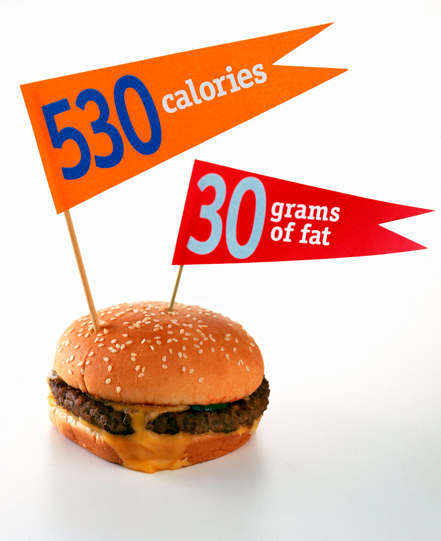 Na slici je prikazan hamburger na kojem je zabodena narančasta zastavica. Na zastavici piše 530 kalorija. Hrana ima svoju energetsku vrijednost izraženu izraženu u kalorijama.