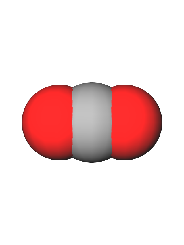 Kalotni model molekule ugljikova(IV) oksida, između dvije kuglice kisika koje su crvene boje nalazi se jedan atom ugljika sive boje.
