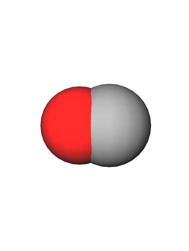 Kalotni model molekule ugljikova(II) oksida, kisik predstavlja crvena kuglica, a ugljik siva.