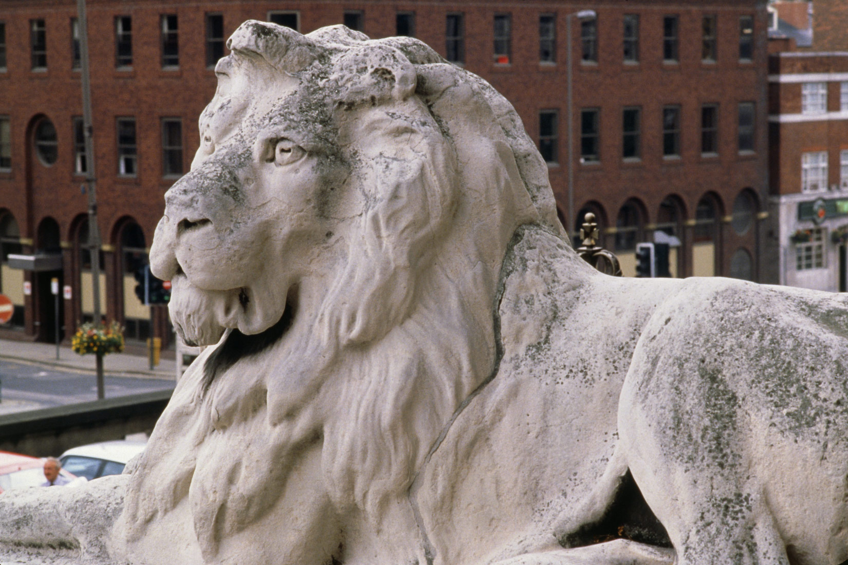 Posljedice kiselih kiša na spomenik građen od vapnenca. Na skulpturi lava, koja je bila bijele boje, vide se tamne mrlje. Ta su oštećenja posljedica kiselih kiša.