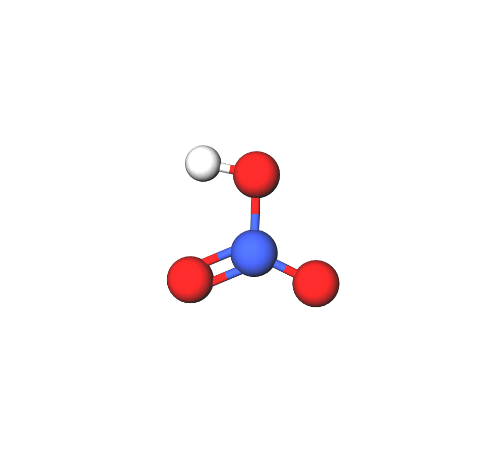 Model molekule dušične kiseline sastavljen od kuglica i štapića. Dušična kiselina sastoji se od jednog atoma dušika koji je prikazan plavom kuglicom koja je štapićima povezana s tri crvene kuglice koje predstavljaju 3 atoma kisika te jednom bijelom kuglicom koja predstavlja atom vodika.