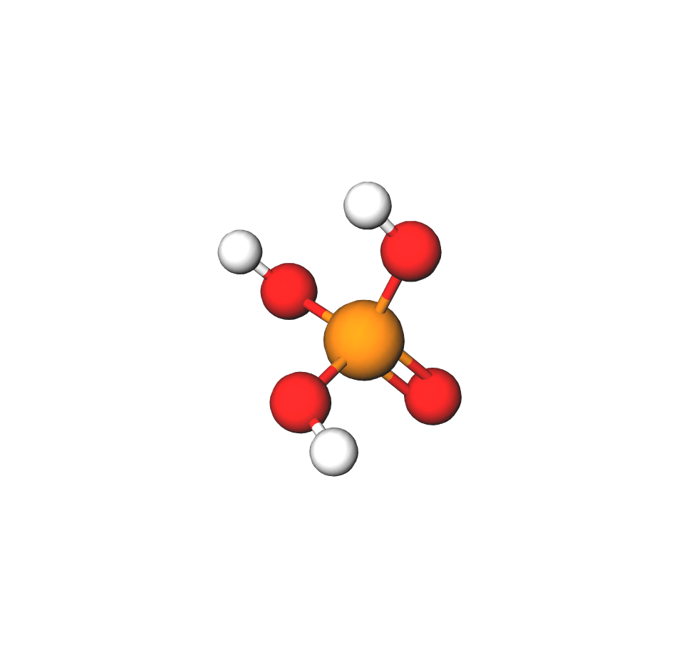 Model molekule fosforne kiseline sastavljen od kuglica i štapića. Sastoji se od jednog atoma fosfora koji je na modelu prikazan narančastom kuglicom. Štapićima je povezan s četiri kuglice crvene boje koje predstavljaju atome kisika te s tri kuglice bijele boje koje predstavljaju atome vodika.
