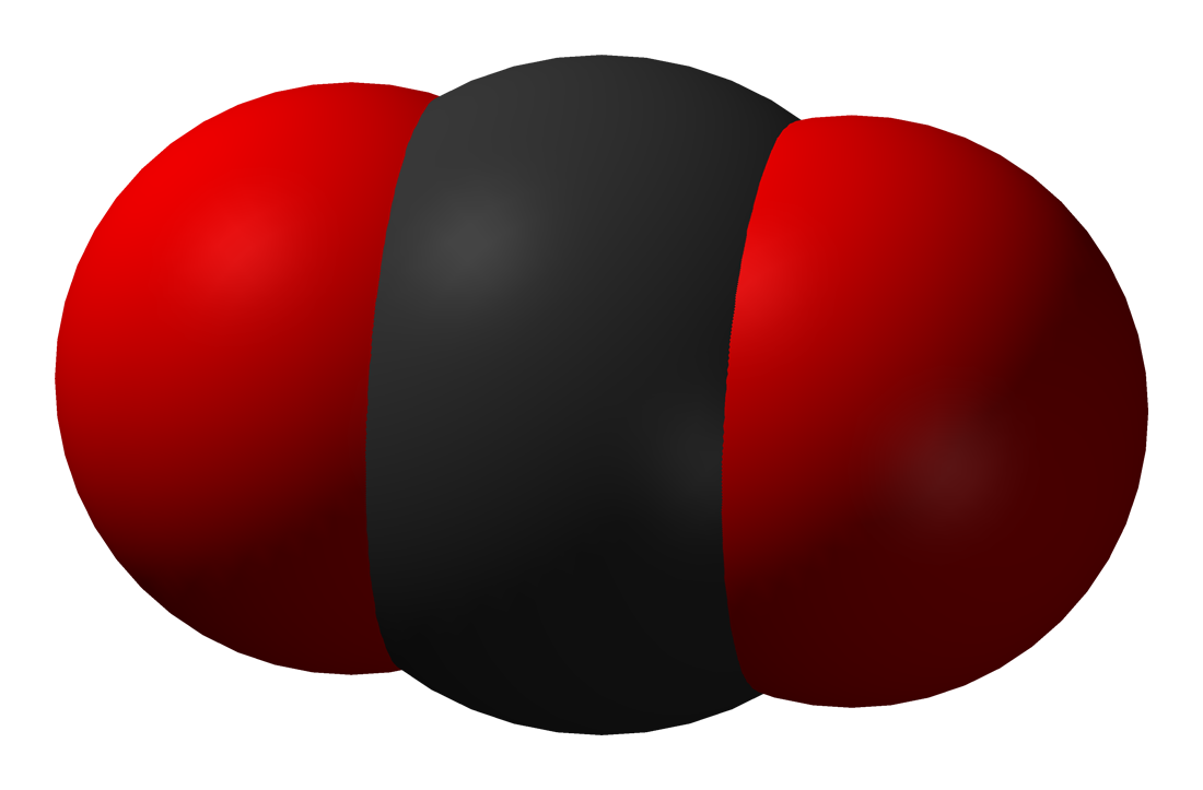 Fotografija prikazuje kalotni model molekule ugljikova(IV) oksida. Kisik je prikazan dvjema crvenim polukuglama, a vodik jednom crnom.