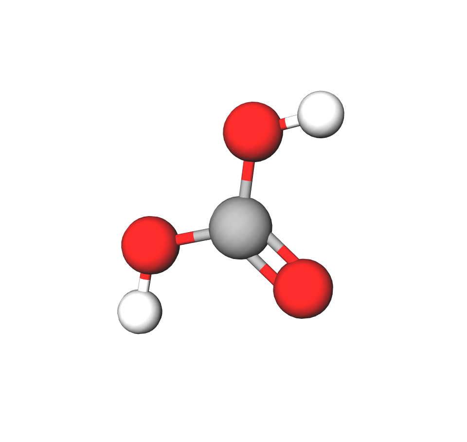 Model molekule ugljične kiseline sastavljen od kuglica i štapića