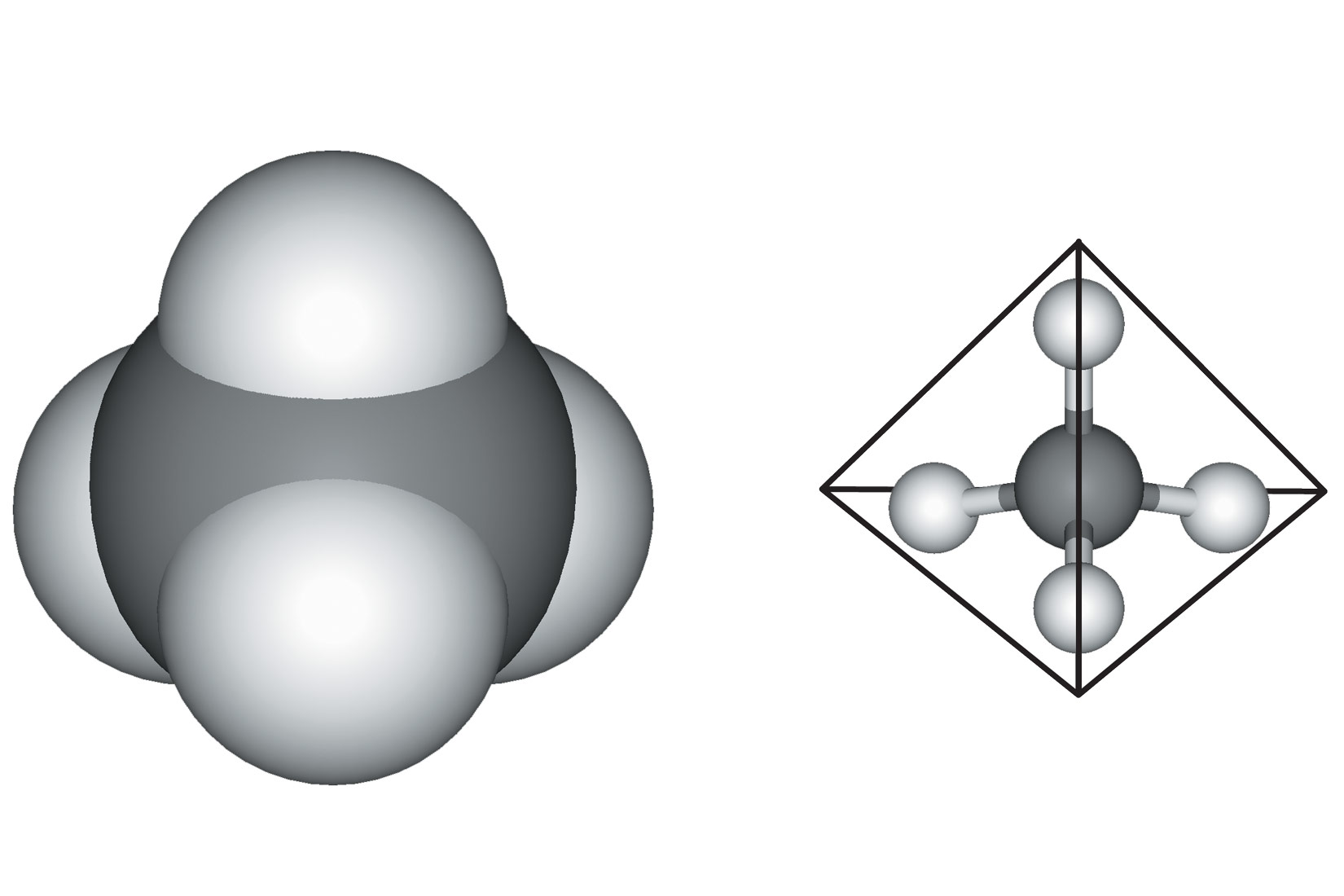 Na fotografiji je kalotni prikaz molekule metana. Na većoj kugli koja prestavlja ugljik su četiri manje polukugle koje predstavljaju vodik.