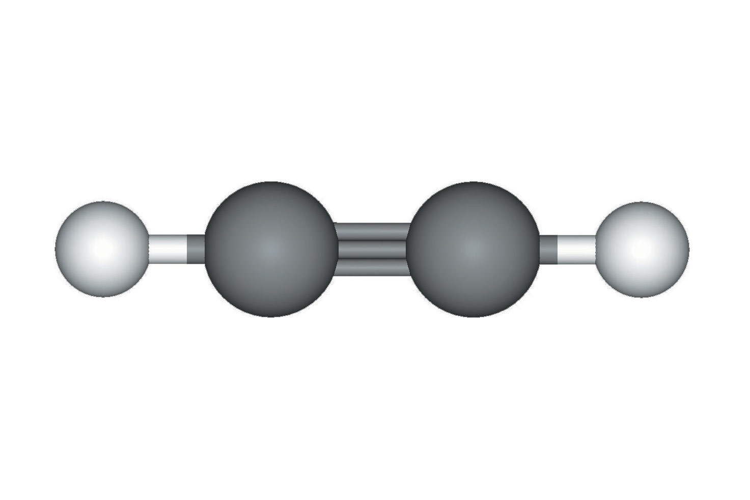 Fotografija prikazuje model molekule etina načinjen od kuglica i štapića. Dva atoma ugljika prikazana su većim tamnim kuglicama i povezana trostrukom vezom, odnosno s tri štapića. Svaki atom ugljika jednostrukom je vezom povezan s po jednim atomom vodika koji su prikazani manjim svijetlim kuglicama.