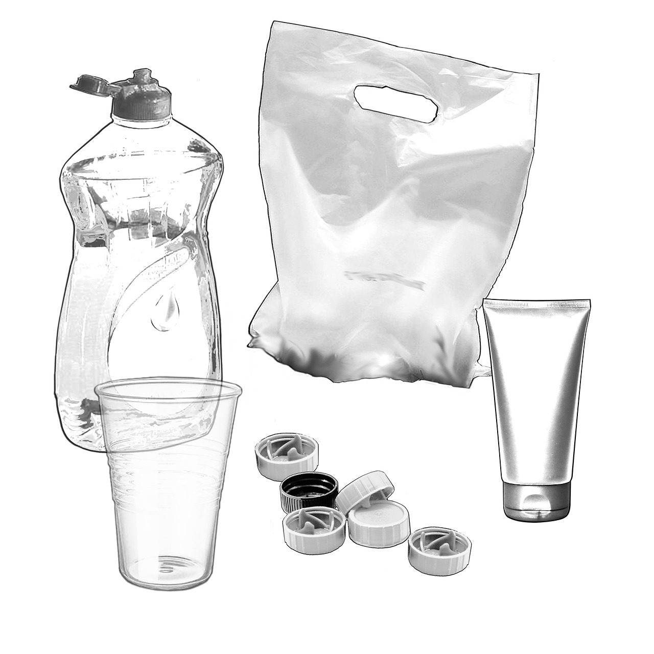 Fotografija prikazuje različite uporabne predmete načinjene od prozirne plastike - čaše, čepove, tube, boce i vrećice.
