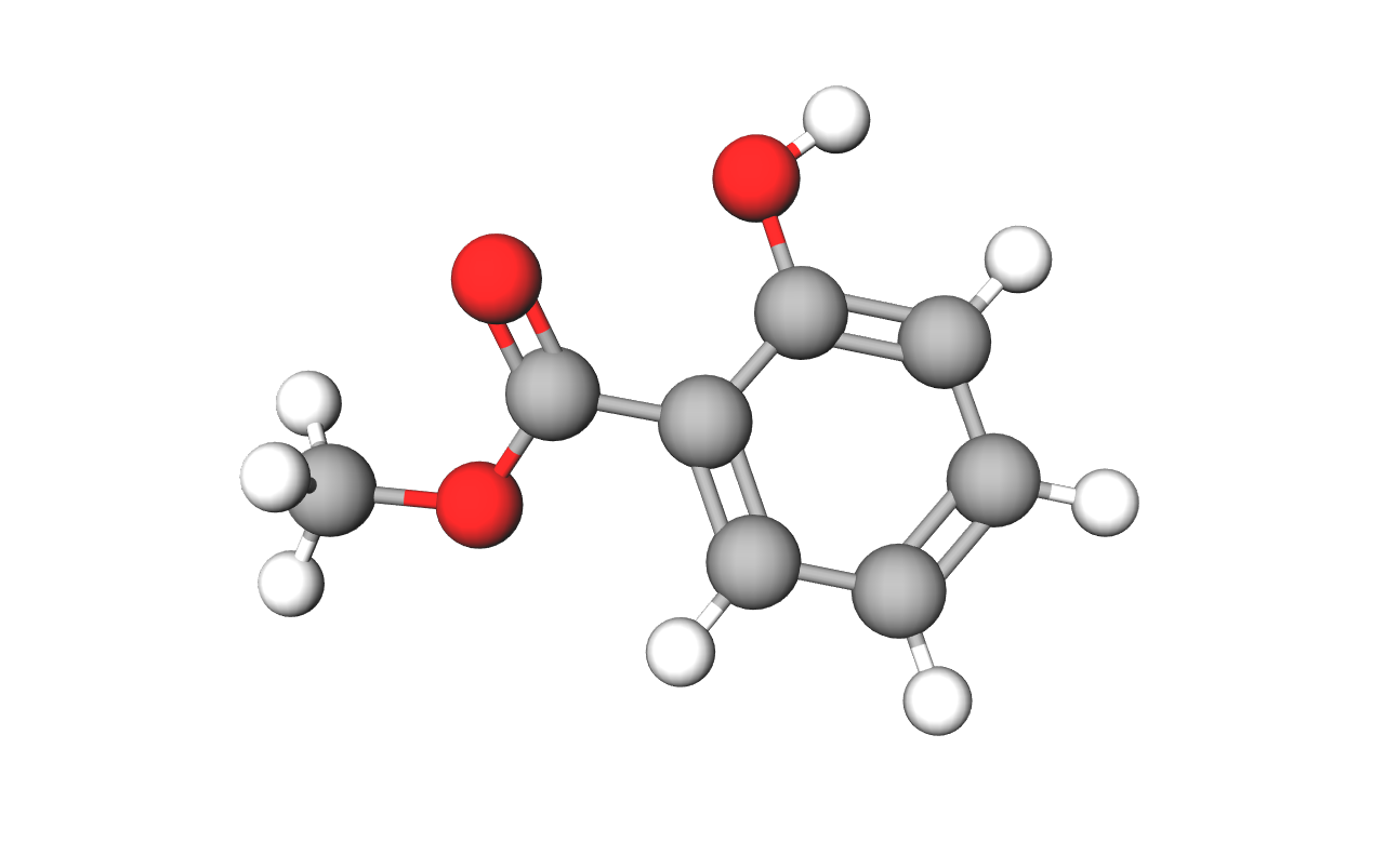 Model molekule estera metil-salicilata načinjen od kuglica štapića u kojem su atomi ugljika prikazani sivim kuglicama, atomi kisika crvenim, a atomi vodika bijelom.