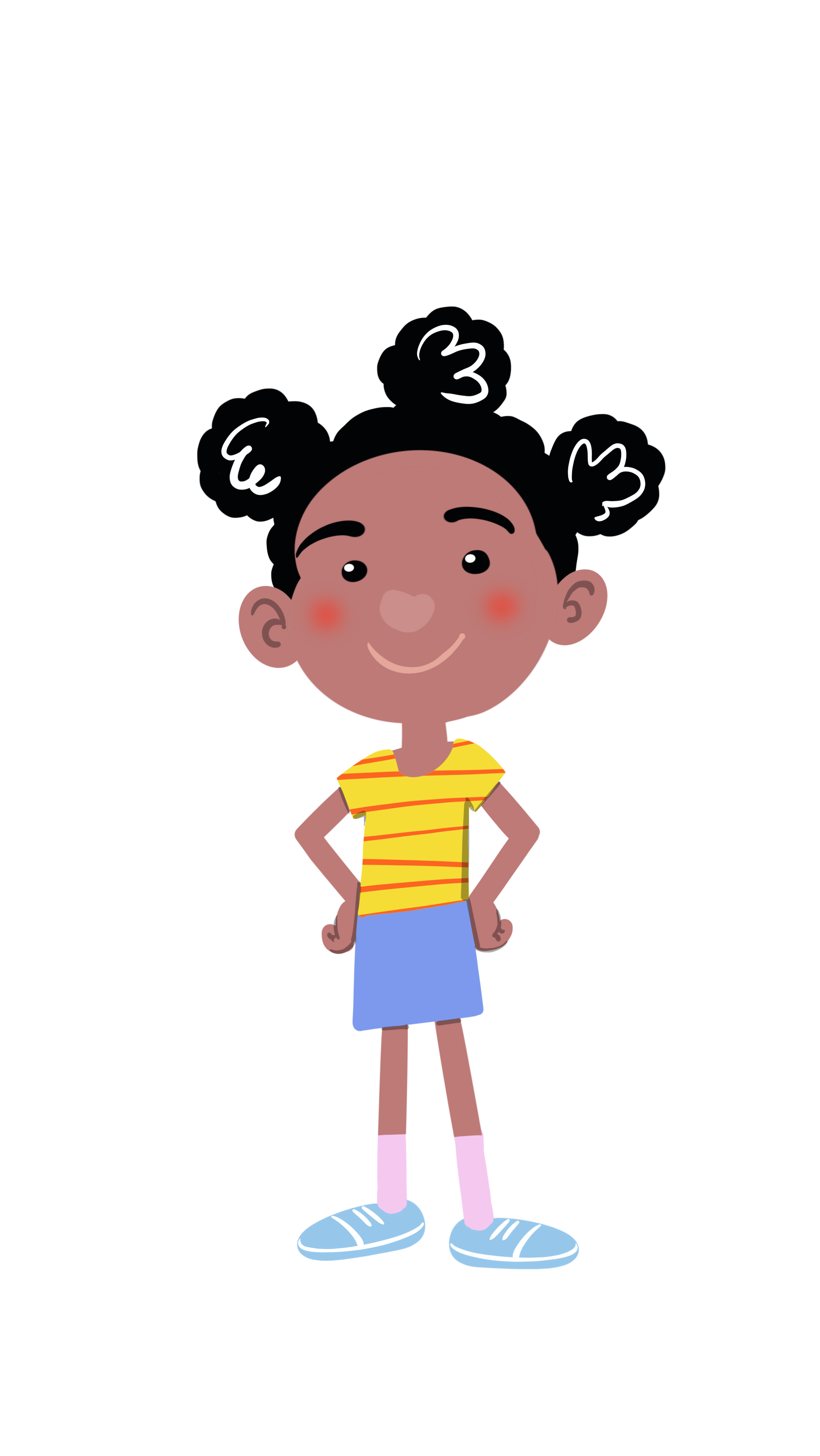 Aby je nasmiješena tamnoputa djevojčica crne kovrčave kose, složene u tri punđice te odjevena u žutu majicu s tankim crvenim, horizontalnim prugama, svijetloplavu suknjicu, roza čarapice i svijetloplave tenisice.