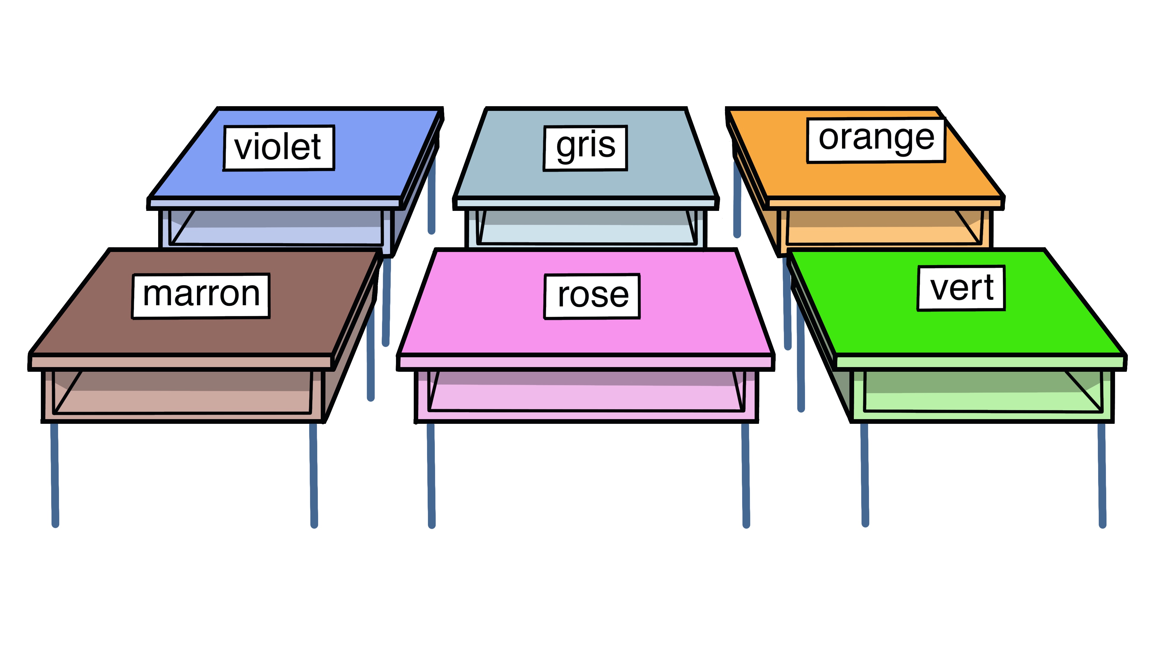 Šest školskih klupa obojanih u boje koje odgovaraju natpisima na njima na francuskom: ljubičasta, siva, narančasta, smeđa, roza i zelena.