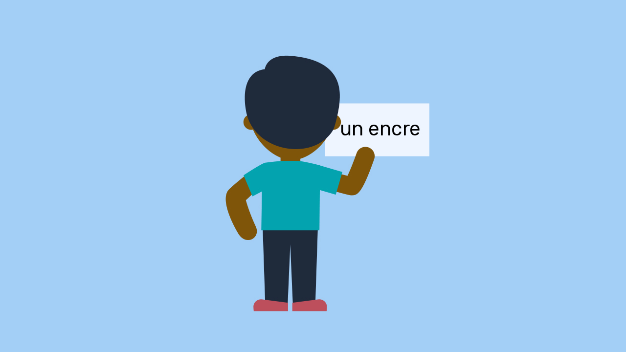 S leđa je prikazan tamnoputi učenik kako u desnoj ruci drži natpis na kojem na francuskom jeziku piše 