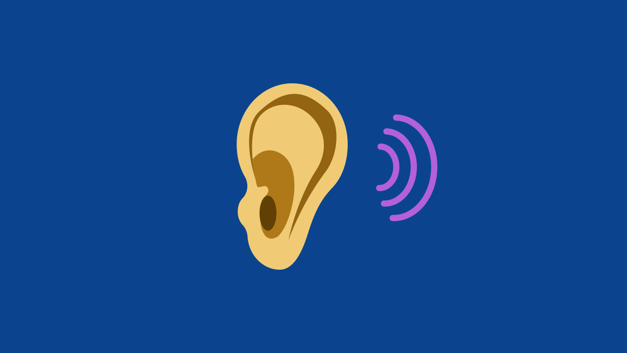 Uho na tamnoplavoj podlozi. S desne strane uha su tri ljubičasta polukruga koja sugeriraju kako to uho nešto sluša. 