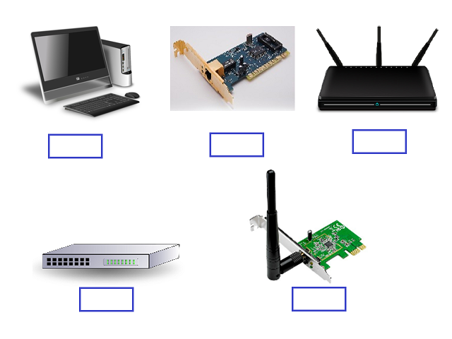 Različiti mrežni uređaji: računalo, žična mrežna kartica, usmjernik, preklopnik i bežična mrežna kartica.