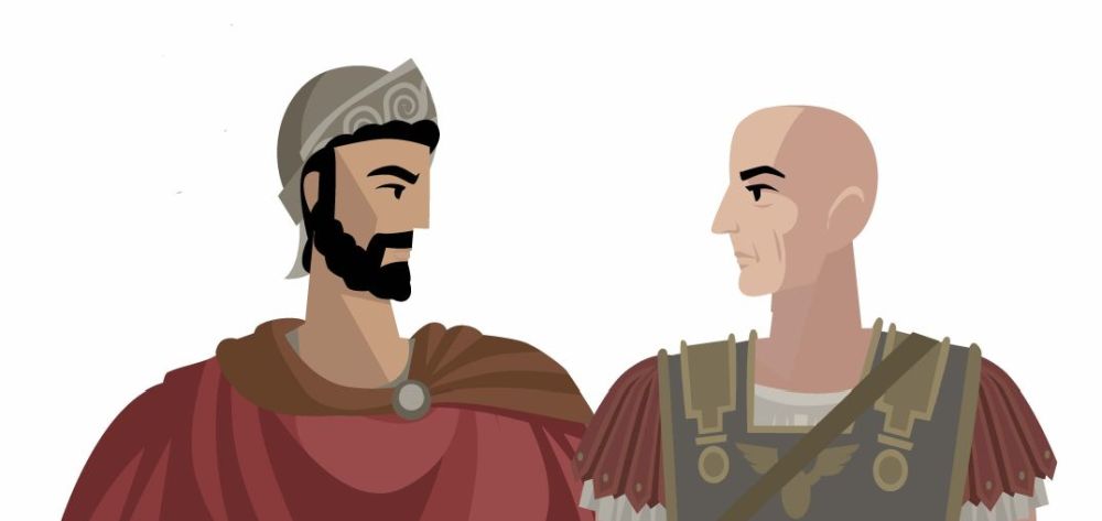 Na slici su prikazani kartaški vojskovođa Hanibal i rimski vojskovođa Scipion.