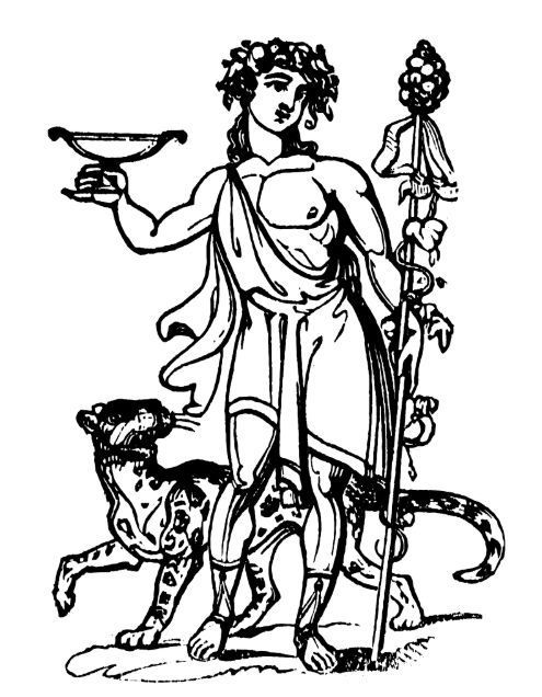 Slika prikazuje lika s vinovom lozom oko glave, divljom životinjom i čašom vina.