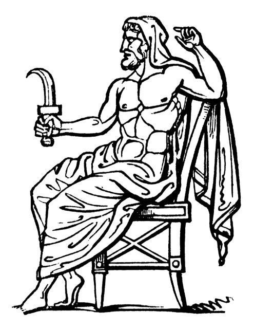 Slika prikazuje lika koji sjedi na prijestolju i drži srp kao simbol plodnosti i usjeva.