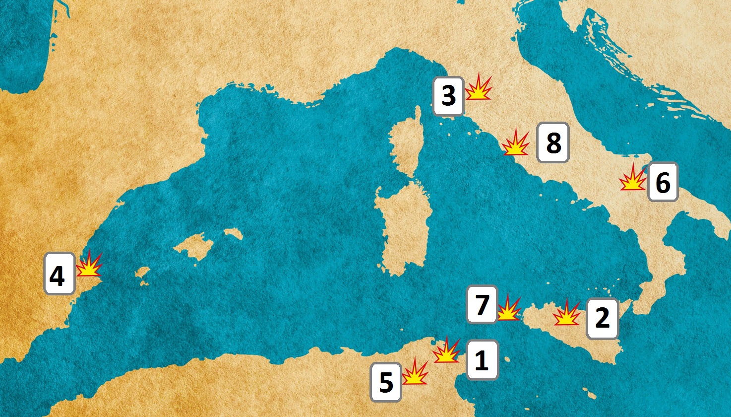 Ova slika prikazuje kartu zapadnoga Sredozemlja.