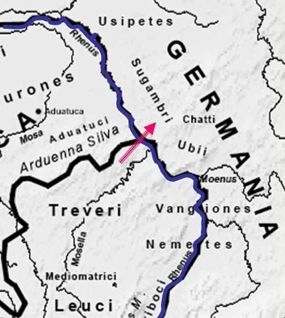 Na slici je prikazana karta s položajem Cezarova mosta preko Rajne.