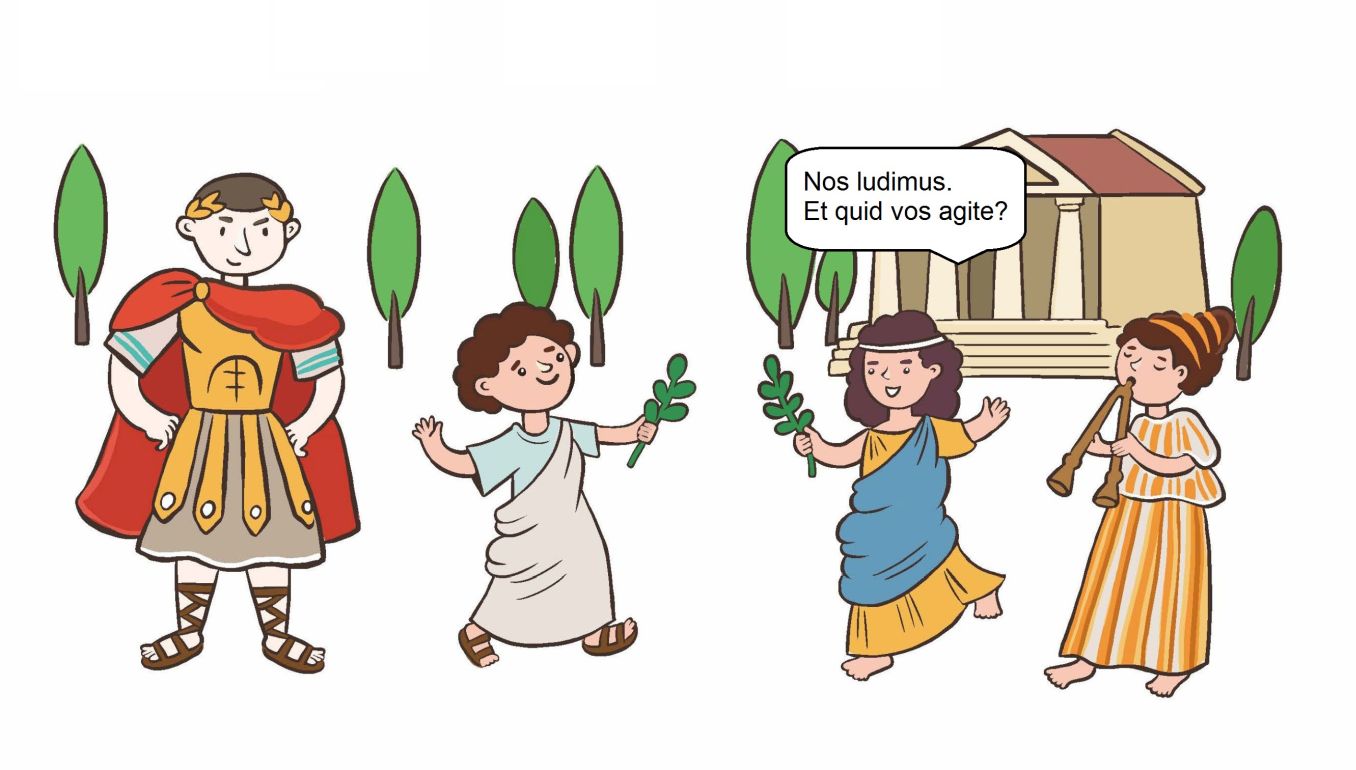 Ova slika prikazuje jednog Rimljanina, dječaka i dvije djevojčice.